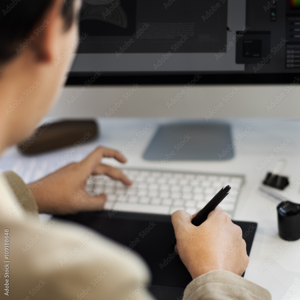 Poster businessman using browser using computer concept