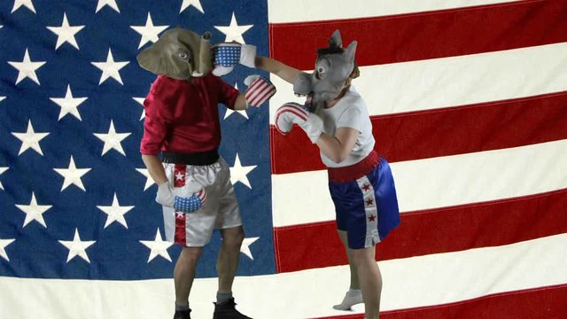 Woman in donkey Democrat mask wearing boxing shorts delivering a knock-out punch to a man wearing a GOP elephant mask against American Flag.