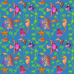 Fototapeta na wymiar illustration seamless pattern marine life with colorful fish, co