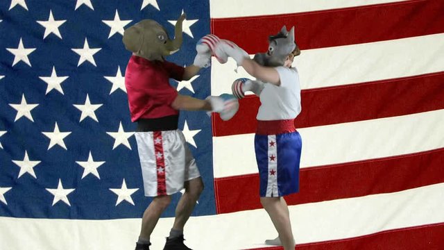 Man in elephant GOP mask and woman in donkey Democrat mask wearing boxing shorts  throwing punches against American Flag.