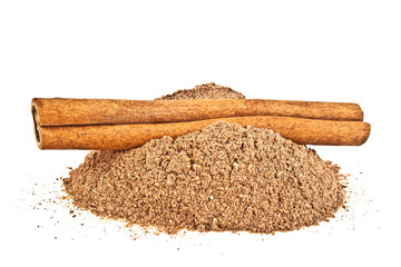 Cinnamon stick and powder on white background