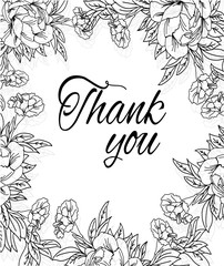 monochrome linear background with floral print peonies and carnations and the words thank you on white background, monochrome vector illustration
