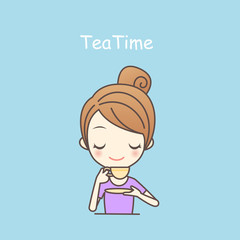 cartoon girl drink tea