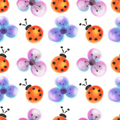 Seamless floral pattern with insects. Watercolor background with hand drawn flowers and ladybugs. Series of Watercolor Seamless Patterns, Backgrounds.