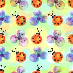 Seamless floral pattern with insects. Watercolor background with hand drawn flowers and ladybugs. Series of Watercolor Seamless Patterns, Backgrounds.