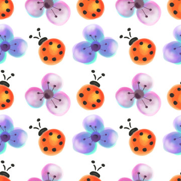 Seamless floral pattern with insects. Watercolor background with hand drawn flowers and ladybugs. Series of Watercolor Seamless Patterns, Backgrounds.
