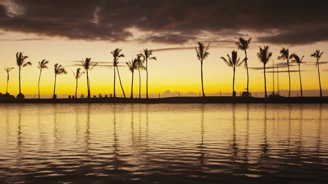 Paradise beach sunset landscape with tropical palm trees silhouette. Summer travel vacation getaway colorful concept photo from sea ocean water at Hawaiian beach, Big Island, Hawaii, USA.
