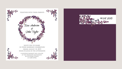 wedding invitation cards decorated with hand drawn branch of fla