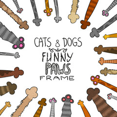 Cartoon dogs and cats paws - vector hand drawn frame. 