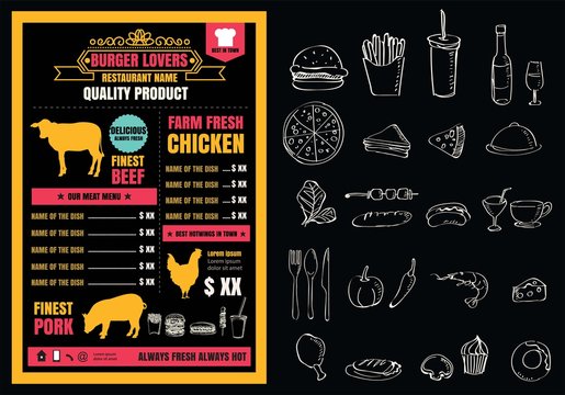 Brochure or poster Restaurant  burger menu with Chalkboard Backg