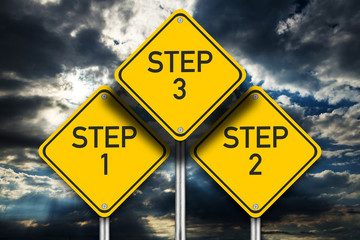 Schilder mit Aufschrift Step 1, Step 2, Step 3 mit Himmel Hintergrund.