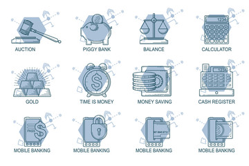 Set Icons in style flat line. Theme - Finance