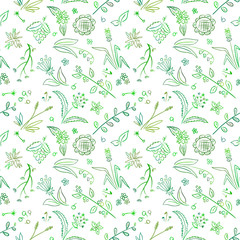 Seamless floral pattern in hand drawn style - green and white colors.