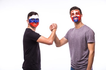 Russia vs Slovakia handshake of before game on white background. European  football fans concept.