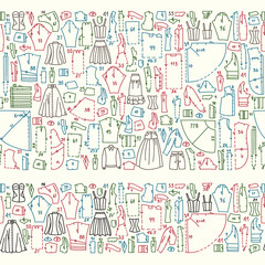 Seamless hand drawn doodle borders with clothes and sewing patterns. Good for different templates, scrapbooking, package and wrapping paper, etc - 109196419