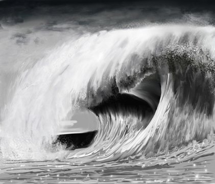 Vague déferlante de tempête en noir et blanc évoquant la submersion ou un tsunamis