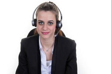 Portrait of happy smiling cheerful support phone operator in headset