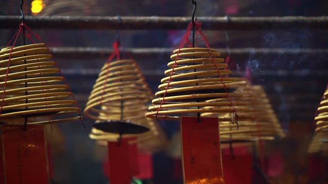 Chinese temple in Hong Kong iconic lanterns and Incense coils 