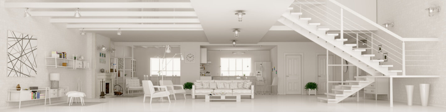 White apartment interior panorama 3d rendering