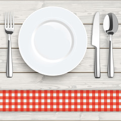 Wood Red Checked Cloth Knife Fork Spoon Plate