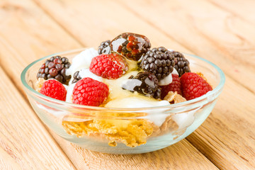 breakfast cereal bowl with berries and yogurt