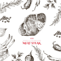vector meat steak sketch drawing designer template. food hand-drawn backdrop for corporate identity