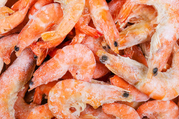 many frozen boiled shrimps close up