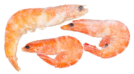 three frozen boiled red shrimps isolated on white