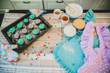 colorful cupcakes for Breakfast are on the table