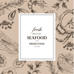 vector seafood designer template set - shrimp, crab, lobster, salmon, oyster, mussel. mediterranean cuisine sea food sketch