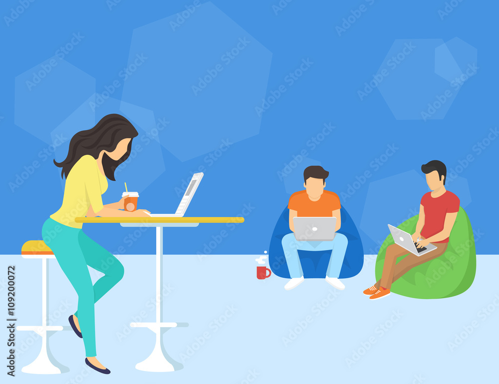Poster coworking center concept. shared working environment with various people talking and working at the 
