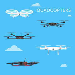 Set of five different quadcopters flying in the sky. Flat illustration of black and white drones 