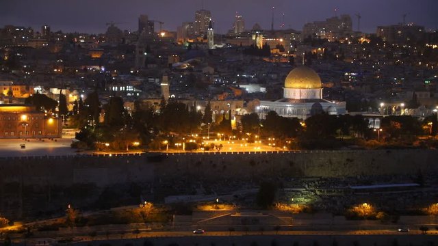Night view to Jerusalem old city, Israel. Panning shot