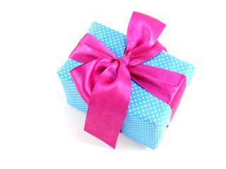 blue gift box with pink bow isolated on white background