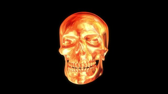 3D animated metallic scull reflecting fire