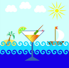 martini glass with olives and a lemon on a background of the sea, palm trees, boat, sun and clouds as a symbol of holiday at sea