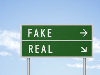 3d illustration road sign with fake and real