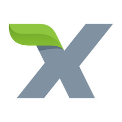 X letter logo with green leaf.