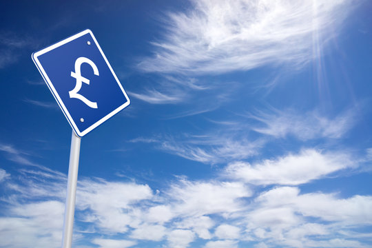 Currency concept: Pound on blue road sign, clear blue sky backgr
