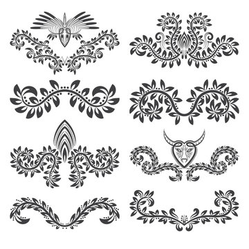 Design ornamental elements and labels set. Floral tattoo in vintage baroque style. Vintage page ornate decorations.