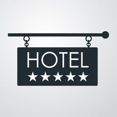 Icono plano cartel HOTEL con cinco estrellas en fondo degradado