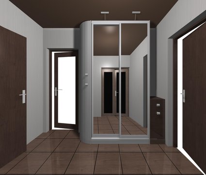 interior design wardrobe with mirrored sliding doors 3D rendering