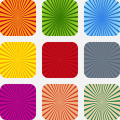 Set of backgrounds ray. Abstract sun rays. Collection of blue, red, orange, purple, green and gray vector rays. Vector sun rays. Set texture ray burst. Retro rays background