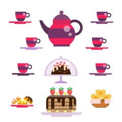 Tea set and sweets vector illustration in flat style. Tea ceremony. Utensils for serving festive, celebration table. Cups and pot, sweets and cake, cupcake and muffin. Sweets collection