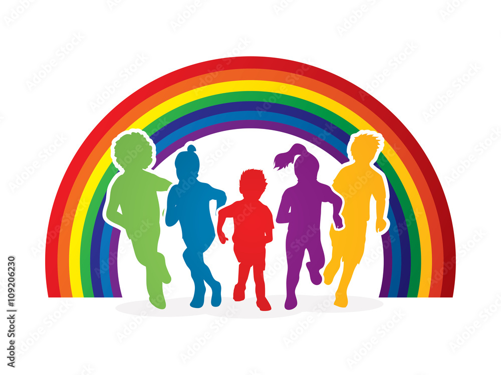 Canvas Prints Group of children running , Front view designed on line rainbows background graphic vector.