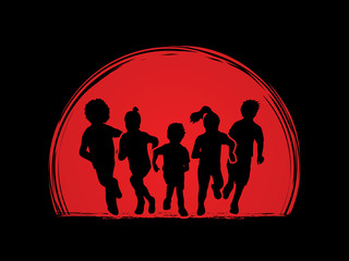Group of children running , Front view designed on sunrise background graphic vector.