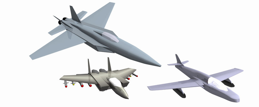 three low-poly 3D models of combat aircraft. White background. F-15C, F-22a, Hawker