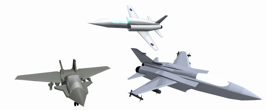 three low-poly 3D models of combat aircraft. White background. F-15C, F-22a, Hawker