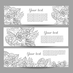 Three vector banners with beautiful monochrome floral pattern in doodle style. 