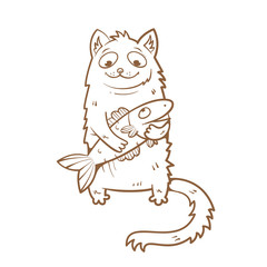 Card with cute cartoon cat and  fish. Friendship of cat and fish. Children's illustration. Vector image. Transparent background. Contour image.